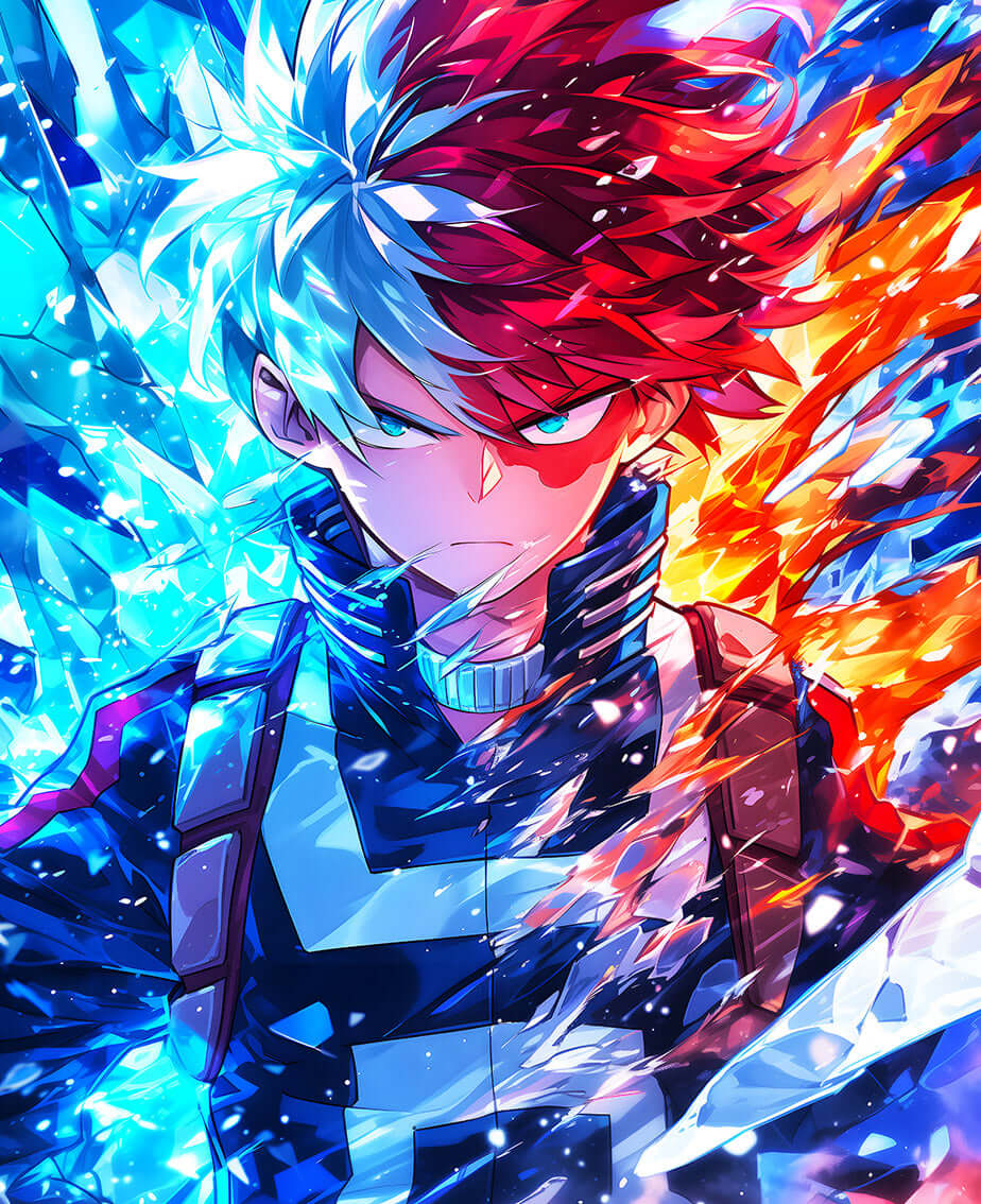 Todoroki from My Hero Academia art with icy blue and fiery red powers, showcasing his duality.