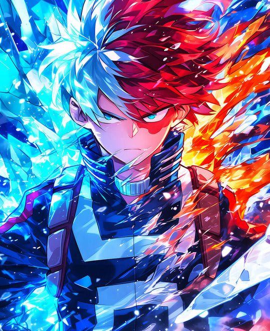 Todoroki from My Hero Academia art with icy blue and fiery red powers, showcasing his duality.
