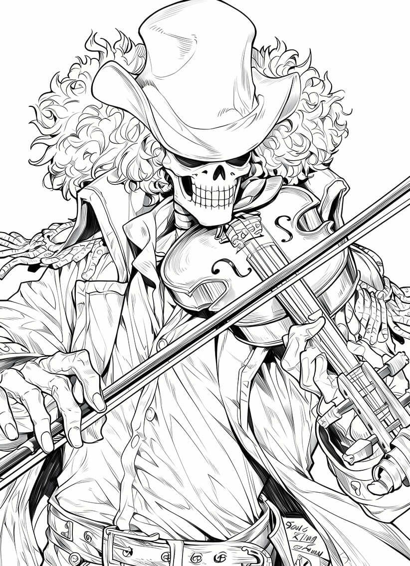 Close-up coloring page of Soul King Brook from One Piece playing violin, detailed line art design for printing.
