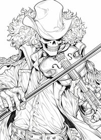 Close-up coloring page of Soul King Brook from One Piece playing violin, detailed line art design for printing.