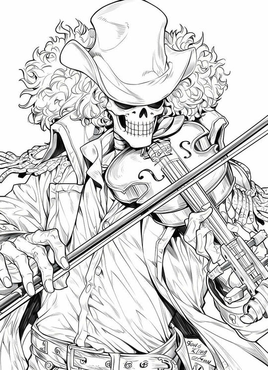 Close-up coloring page of Soul King Brook from One Piece playing violin, detailed line art design for printing.