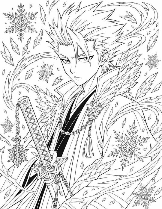 Toshiro Hitsugaya Bleach Coloring Page Daiguren Hyorinmaru featuring Hyorinmaru, spiked white hair, captain robes, snowflakes, crystalline ice, and sweeping frozen currents