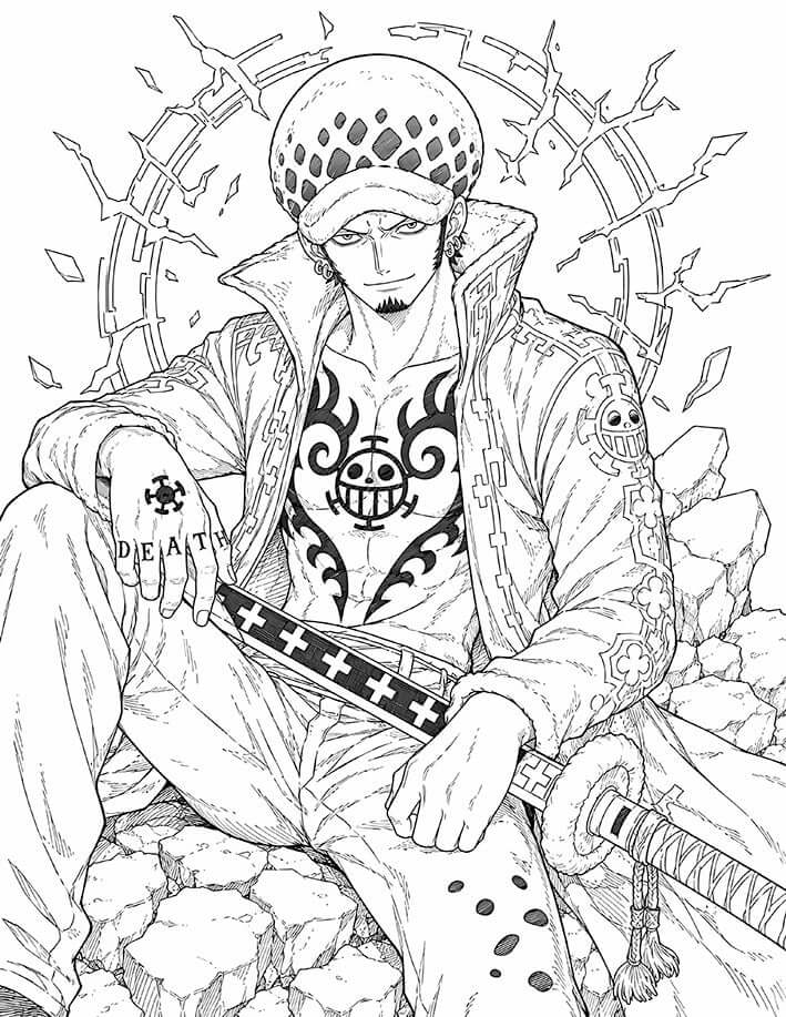 Trafalgar Law One Piece Coloring Page Room featuring the Surgeon of Death seated on rubble with Kikoku, Heart Pirates tattoos, a fur-lined coat, and circular spatial energy