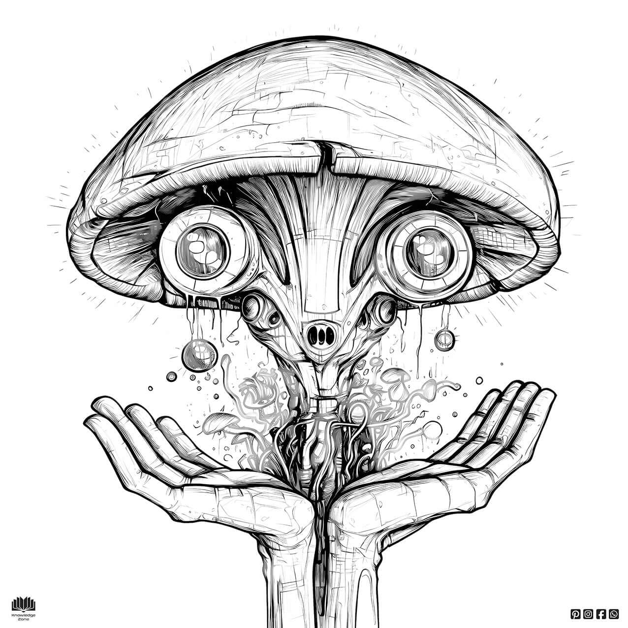 Intriguing abstract alien illustration with a mushroom-shaped head and hands holding surreal elements.
