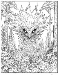 Intricate line art coloring page of a fantastical bird-like forest spirit (Umbral Owl spirit) with glowing eyes and spiky feathers, emerging from a detailed woodland setting with ferns and trees, for adult fantasy coloring.