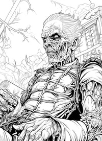 A detailed horror coloring page of a powerful, intelligent undead king with a decaying face, sitting on a throne in an overgrown, ruined garden while reading a scroll.
