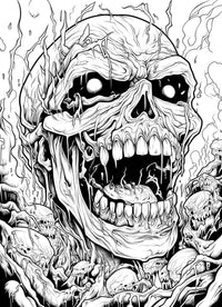 A detailed, chaotic horror coloring page of a massive, screaming undead lich skull, rising from a writhing horde of smaller, grotesque monster skulls and twisted organic matter.