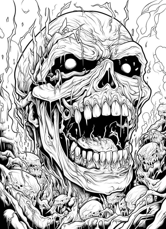 A detailed, chaotic horror coloring page of a massive, screaming undead lich skull, rising from a writhing horde of smaller, grotesque monster skulls and twisted organic matter.