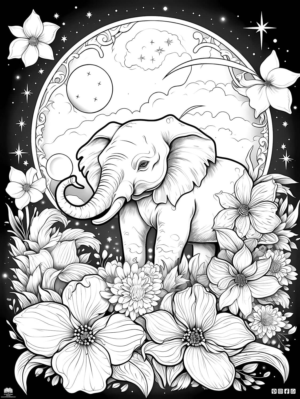 Whimsical elephant coloring page with flowers and stars, perfect for creative artists of all ages.