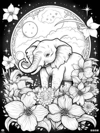 Whimsical elephant coloring page with flowers and stars, perfect for creative artists of all ages.