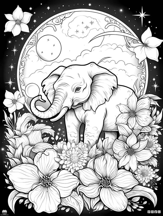 Whimsical elephant coloring page with flowers and stars, perfect for creative artists of all ages.