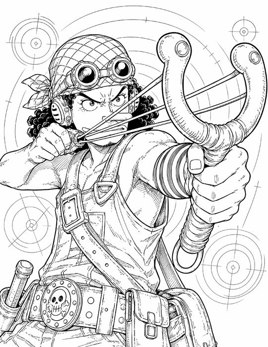 Usopp One Piece Coloring Page Kabuto Slingshot featuring a close-range aiming pose, stretched bands, goggles, headphones, utility gear, and circular sniper targets