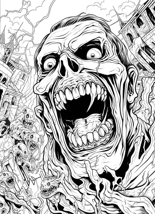 A detailed horror coloring page of a giant, screaming vampire with sharp fangs, leading a horde of ghouls as they destroy a crumbling gothic city under a stormy sky.