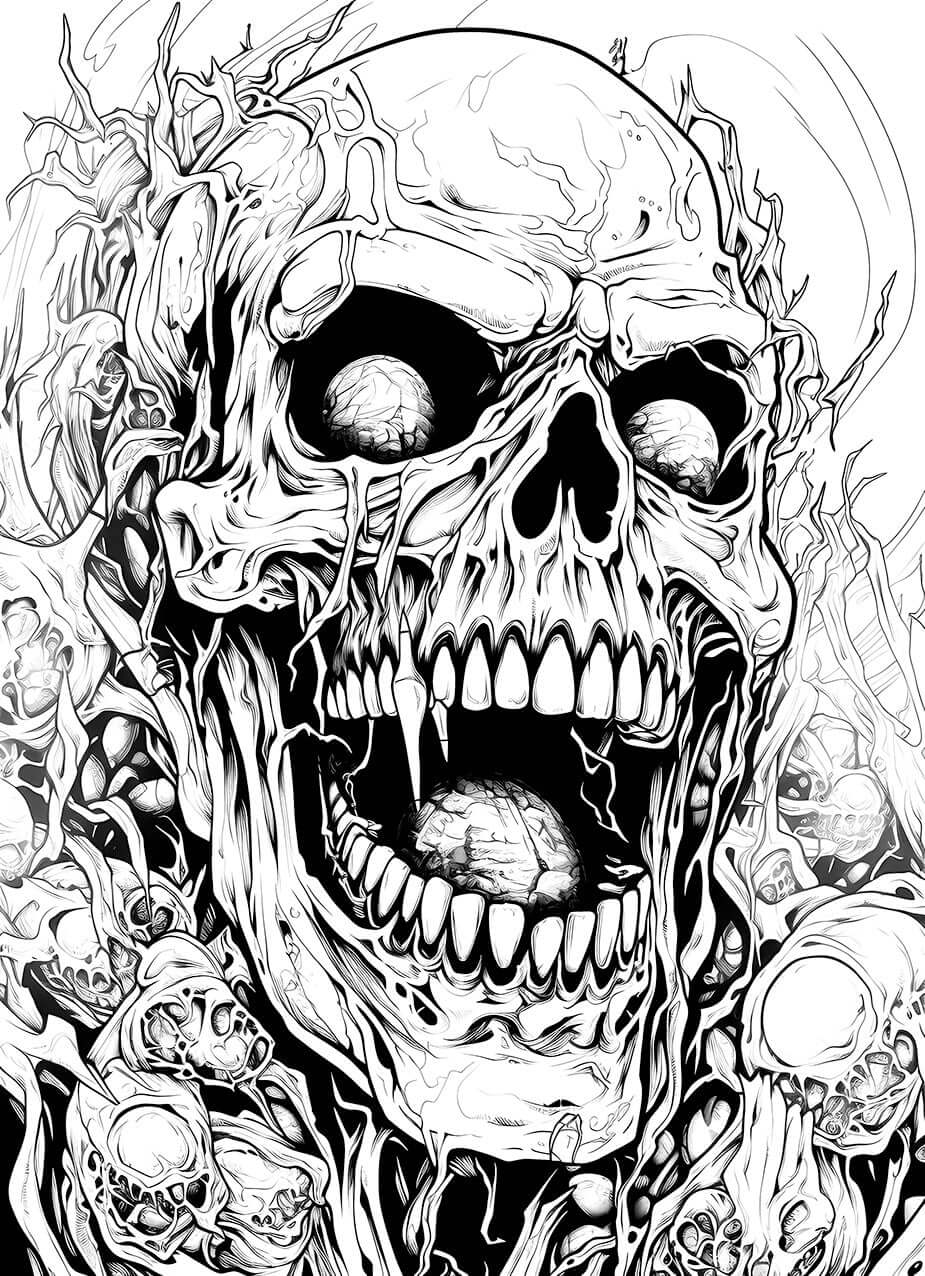 A detailed horror coloring page of a screaming vampire skull with sharp fangs and textured brains for eyes and tongue, emerging from a chaotic pile of smaller skulls and roots.