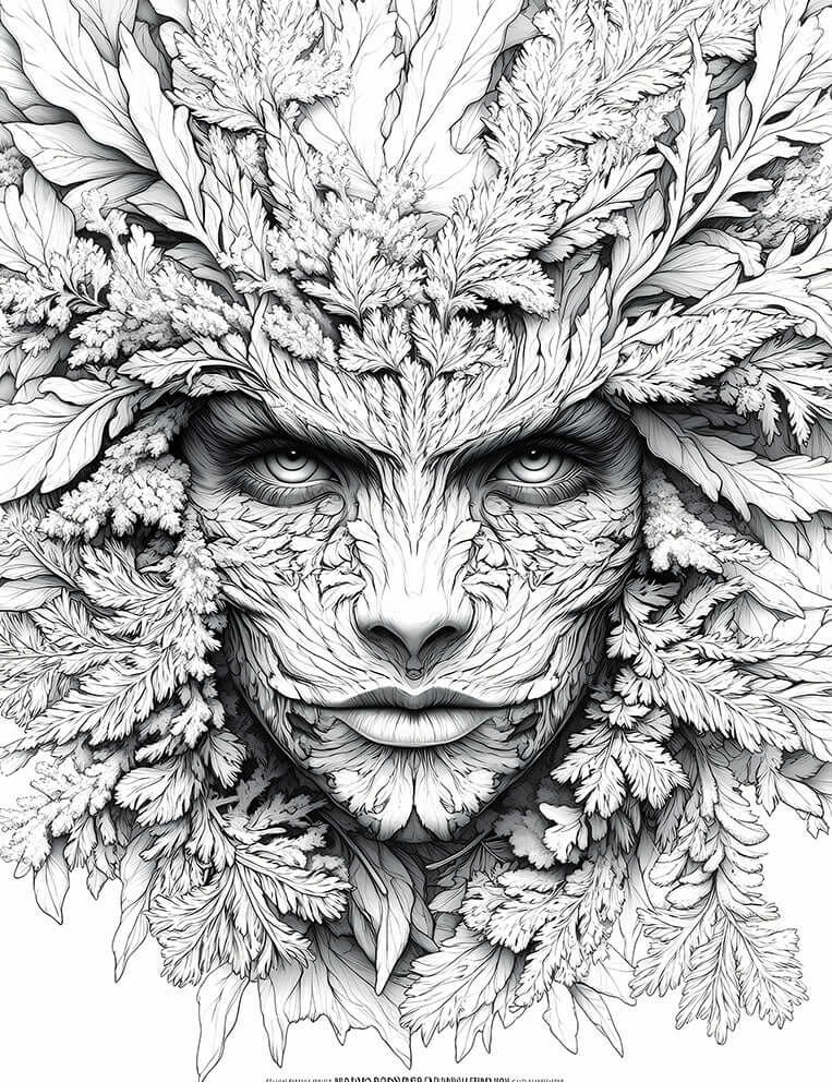Intensely detailed line art coloring page of a Green Man or forest spirit's face, composed entirely of intricate leaves with a powerful, direct gaze, ideal for advanced adult coloring and fantasy nature art.