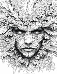 Intensely detailed line art coloring page of a Green Man or forest spirit's face, composed entirely of intricate leaves with a powerful, direct gaze, ideal for advanced adult coloring and fantasy nature art.