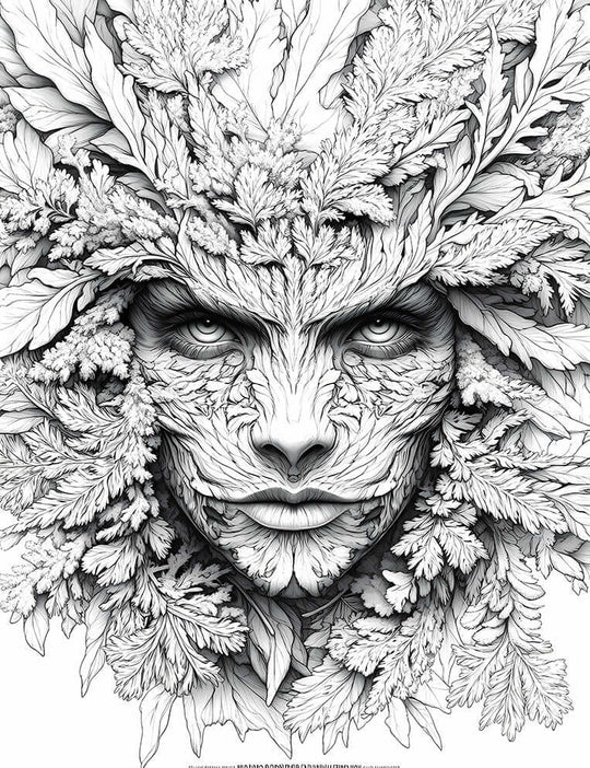 Intensely detailed line art coloring page of a Green Man or forest spirit's face, composed entirely of intricate leaves with a powerful, direct gaze, ideal for advanced adult coloring and fantasy nature art.