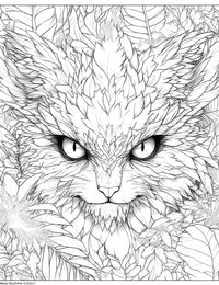 Highly detailed line art coloring page of a Veridian Lynx Spirit, a fierce fantasy cat-like creature with intricate leaf-like or feather-like fur, intense glowing eyes, surrounded by dense botanical foliage, for advanced adult coloring.