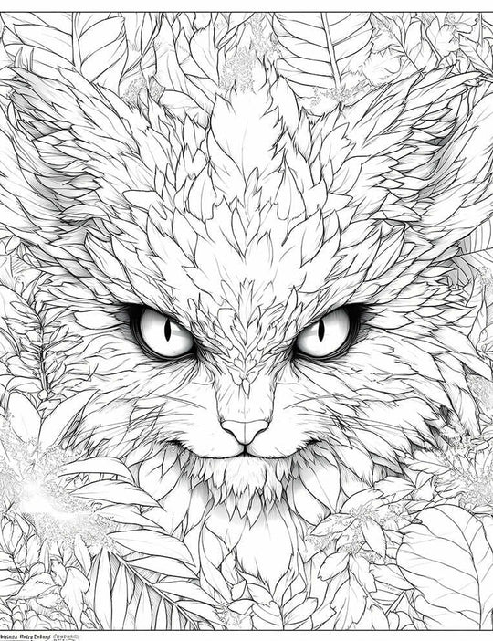 Highly detailed line art coloring page of a Veridian Lynx Spirit, a fierce fantasy cat-like creature with intricate leaf-like or feather-like fur, intense glowing eyes, surrounded by dense botanical foliage, for advanced adult coloring.