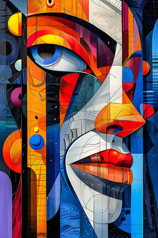 A Vibrant Abstract Portrait in a Cubist style with bold orange and blue colors and a large, piercing blue eye, for instant download.