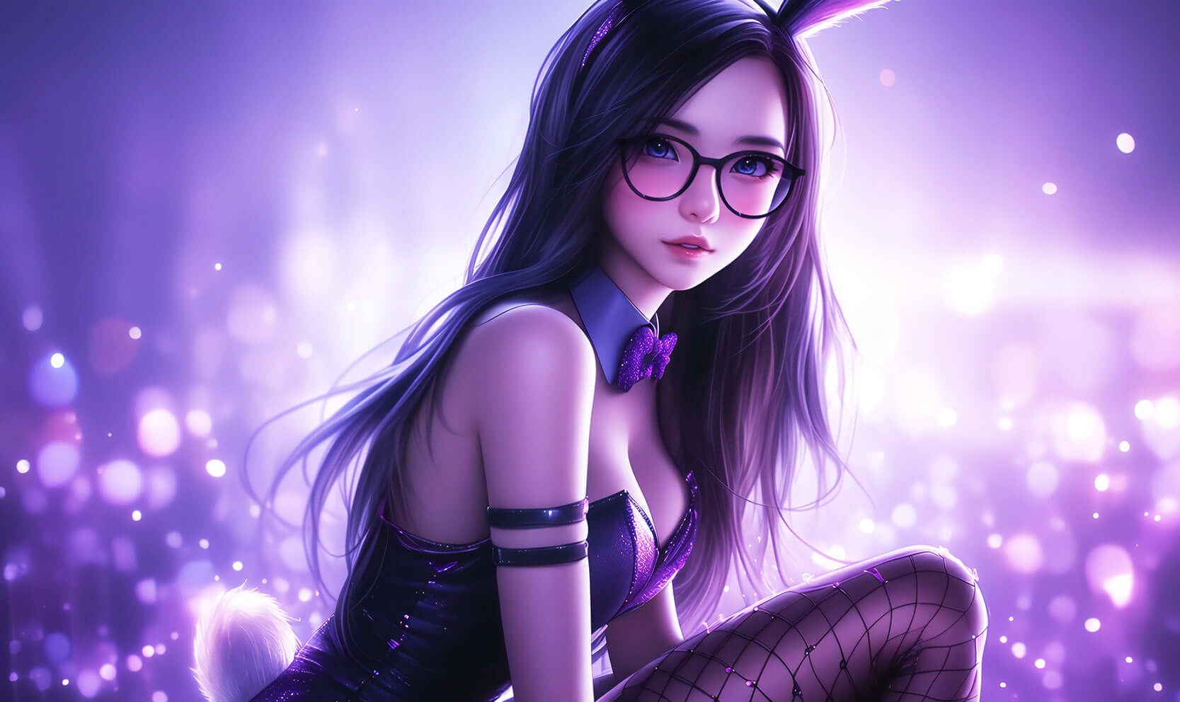 Violet Voltage anime bunny girl with glasses and purple sparkle background, perfect for wallpapers and digital art.