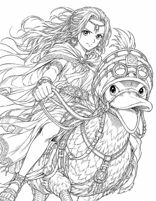 Vivi One Piece Coloring Page Princess and Karoo printable PDF high resolution line art Alabasta princess riding Super Spot-Billed Duck goggles harness flowing hair