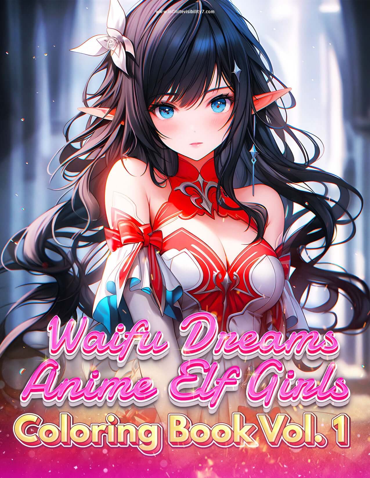 Seductive anime elf girl coloring page from Waifu Dreams Volume 1 PDF book for adults - alluring fantasy art by Infinite Visibility