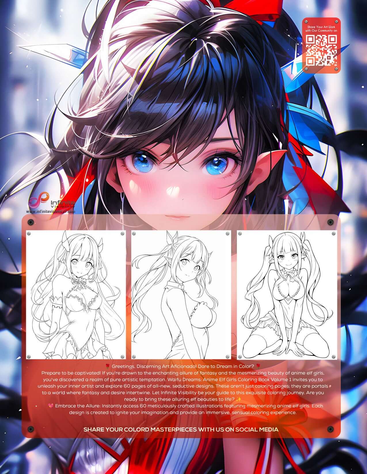Seductive anime elf girl coloring page from Waifu Dreams Volume 1 PDF book for adults - alluring fantasy art by Infinite Visibility