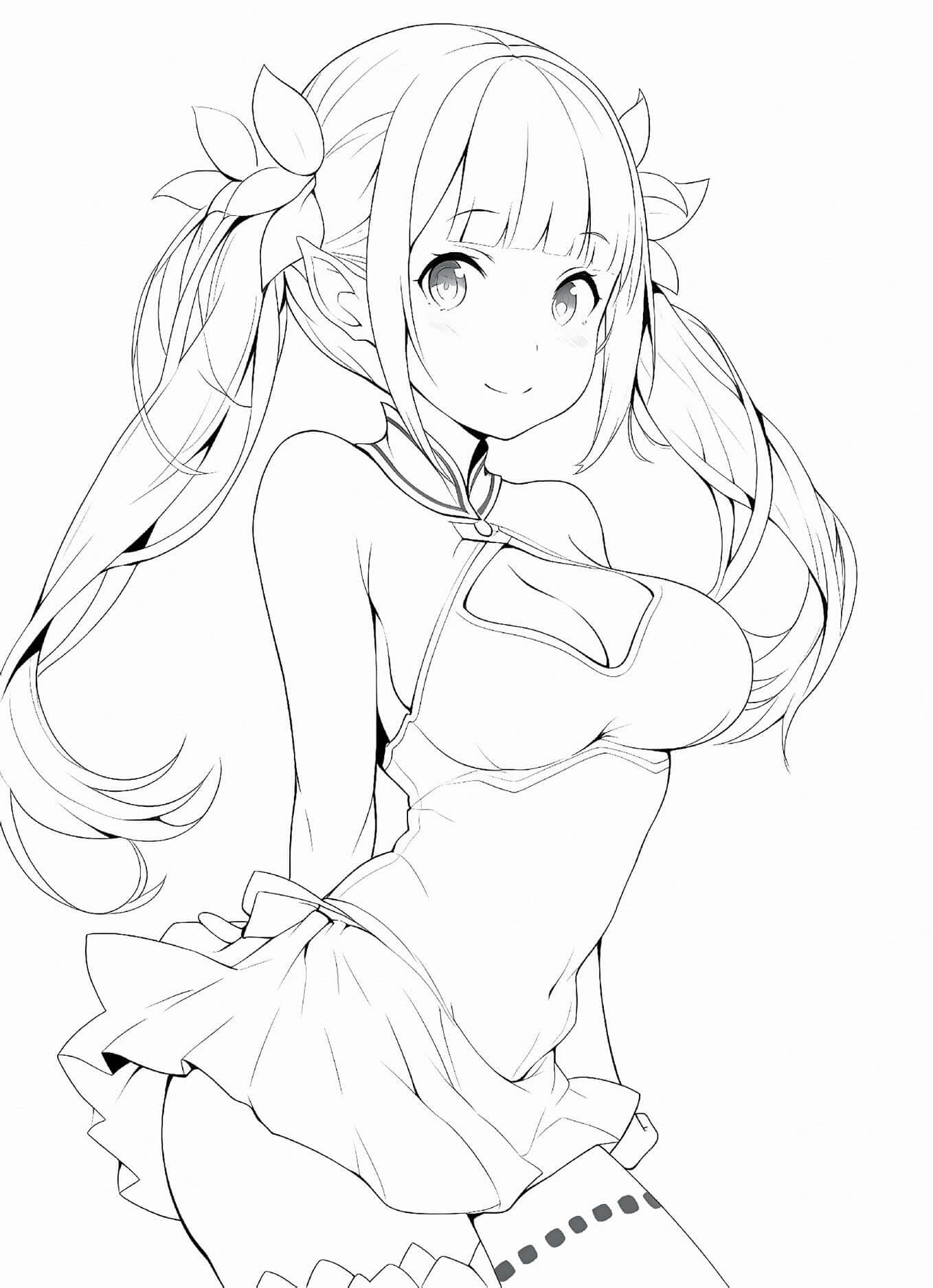 Seductive anime elf girl coloring page from Waifu Dreams Volume 1 PDF book for adults - alluring fantasy art by Infinite Visibility