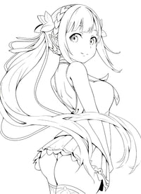 Seductive anime elf girl coloring page from Waifu Dreams Volume 1 PDF book for adults - alluring fantasy art by Infinite Visibility