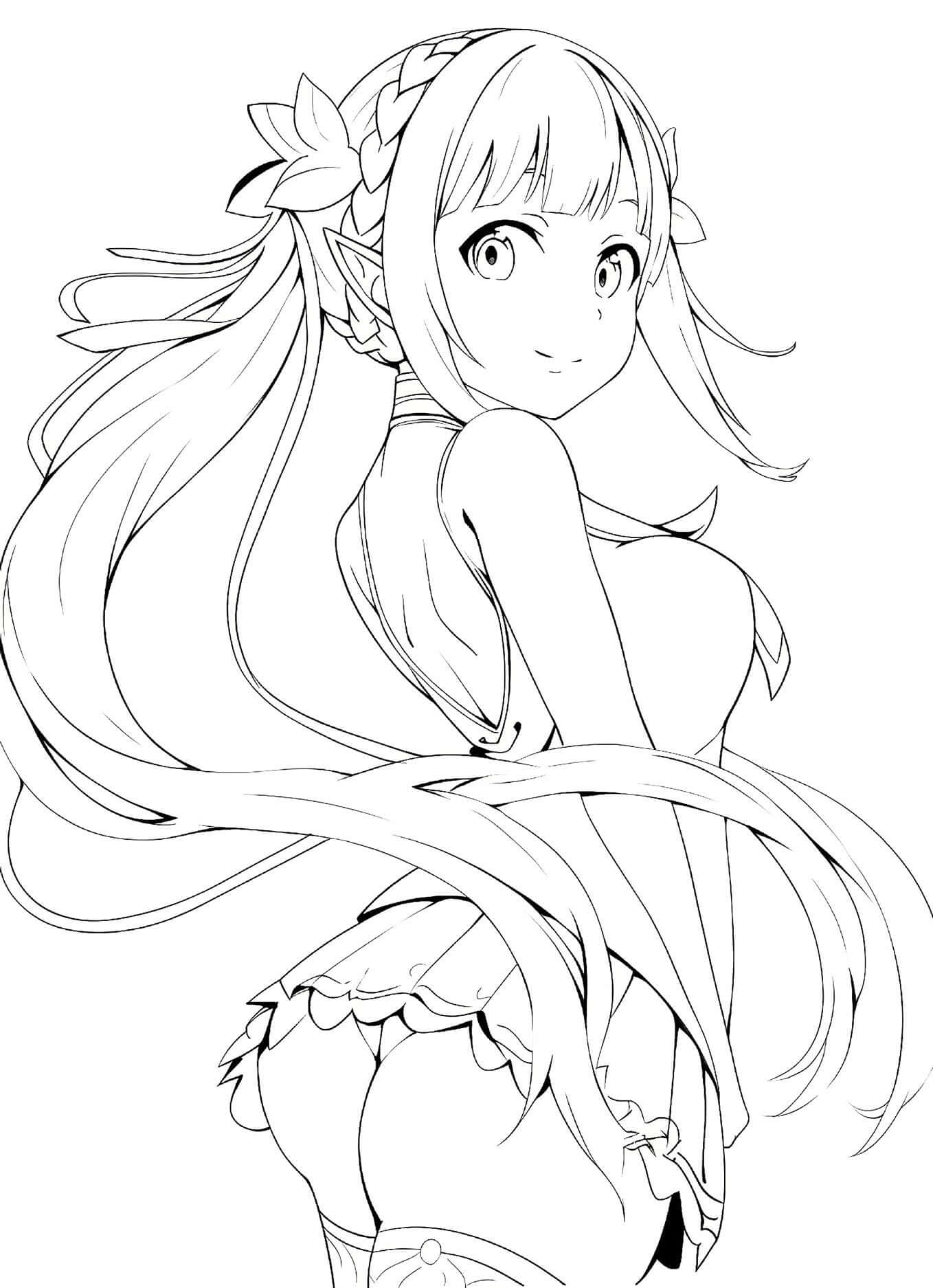 Seductive anime elf girl coloring page from Waifu Dreams Volume 1 PDF book for adults - alluring fantasy art by Infinite Visibility