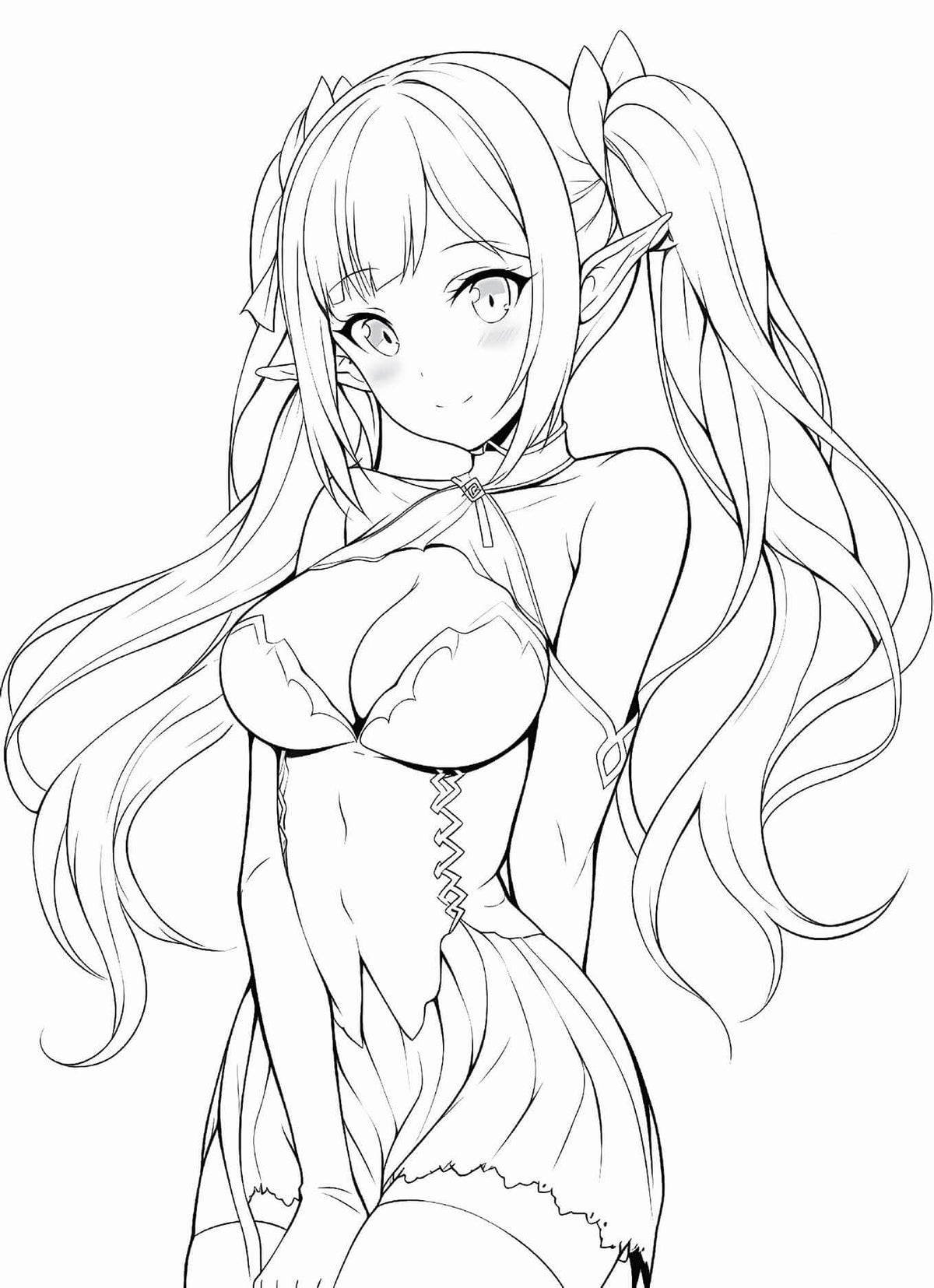 Seductive anime elf girl coloring page from Waifu Dreams Volume 1 PDF book for adults - alluring fantasy art by Infinite Visibility