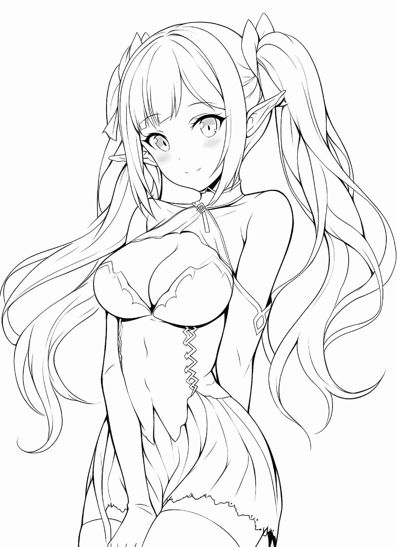 Seductive anime elf girl coloring page from Waifu Dreams Volume 1 PDF book for adults - alluring fantasy art by Infinite Visibility