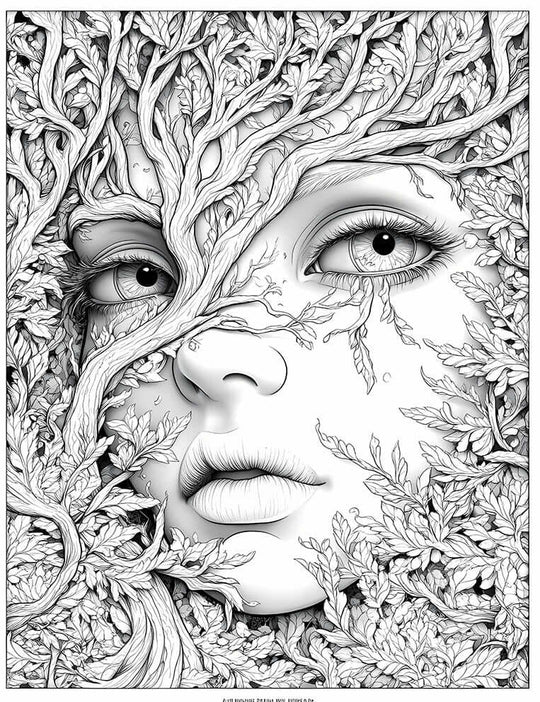 Intricate line art coloring page of a dryad or nature spirit, featuring a woman's face seamlessly integrated with tree branches and leaves, with leaves resembling tears, for adult coloring and fantasy art.