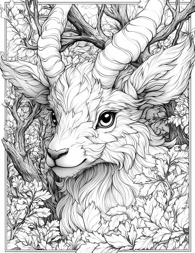 Detailed line art coloring page of a gentle fantasy sprite or faun with large ears and impressive spiraling horns, emerging from an intricate forest background of leaves and branches, ideal for adult coloring and creative relaxation.