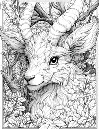 Detailed line art coloring page of a gentle fantasy sprite or faun with large ears and impressive spiraling horns, emerging from an intricate forest background of leaves and branches, ideal for adult coloring and creative relaxation.