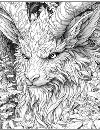 Majestic fantasy beast coloring page, featuring a horned forest king (stag or goat-like) with a leaf-patterned mane, intense eyes, and detailed textured horns, set in a woodland background, for advanced adult coloring.