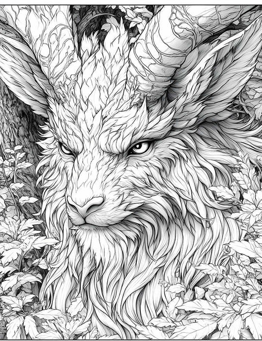 Majestic fantasy beast coloring page, featuring a horned forest king (stag or goat-like) with a leaf-patterned mane, intense eyes, and detailed textured horns, set in a woodland background, for advanced adult coloring.