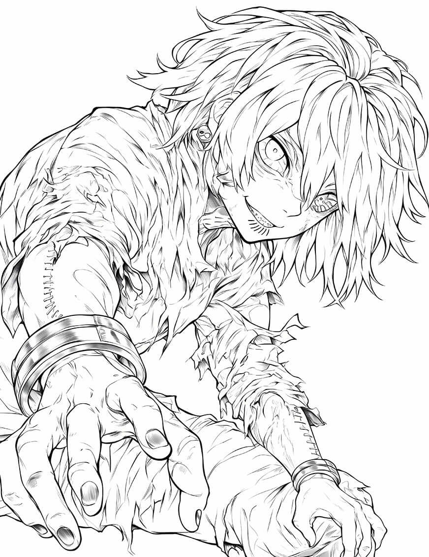 Wounded Ghoul coloring page featuring a battle-worn character with intense expression and torn clothing.
