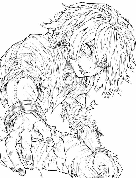 Wounded Ghoul coloring page featuring a battle-worn character with intense expression and torn clothing.