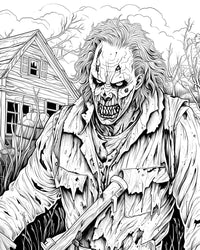 A highly detailed, scary zombie with glowing red eyes and tattered clothes, standing in front of a creepy, abandoned house, presented as a downloadable horror coloring page.
