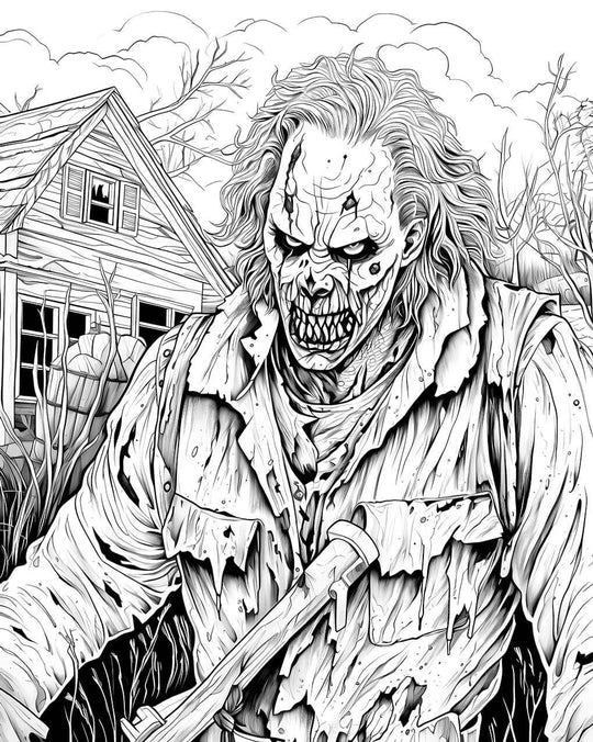 A highly detailed, scary zombie with glowing red eyes and tattered clothes, standing in front of a creepy, abandoned house, presented as a downloadable horror coloring page.