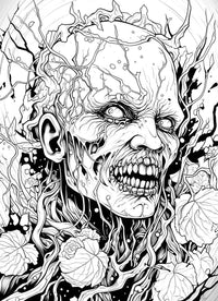 A detailed horror coloring page of an enraged zombie's face, with veiny skin and sharp teeth, being overgrown by a dark, beautiful garden of thorny vines and roses.