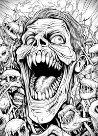 A highly detailed and chaotic horror coloring page of a screaming zombie with sharp fangs, bursting out from a massive, frantic pile of distorted skulls and bones.