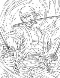 Zoro One Piece Coloring Page Three Sword Style printable PDF high resolution line art swordsman Santoryu stance blade in teeth two swords bandana eye scar swirling motion