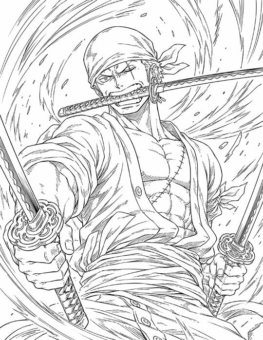 Zoro One Piece Coloring Page Three Sword Style printable PDF high resolution line art swordsman Santoryu stance blade in teeth two swords bandana eye scar swirling motion
